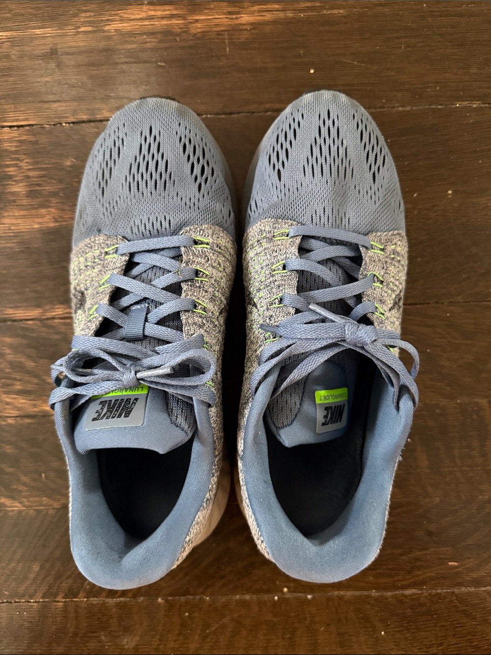 Nike Blue-Grey Knit Running Sneakers with Neon Green Accents